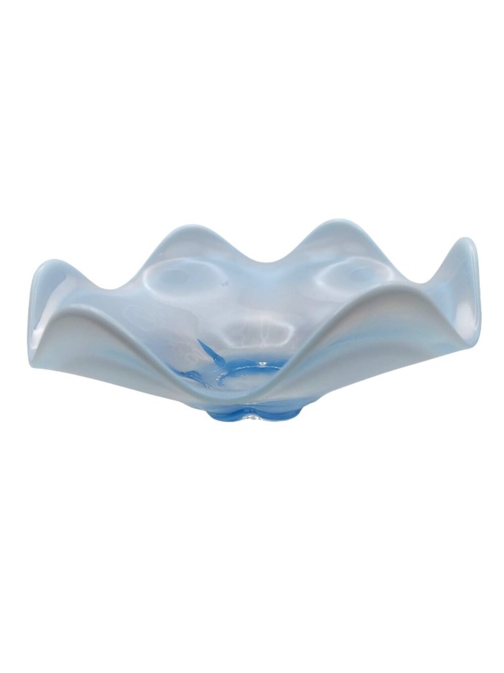 Duncan & Miller Glass Bowl Opalescent Canterbury Blue Ruffled Hand Blown MCM 40s